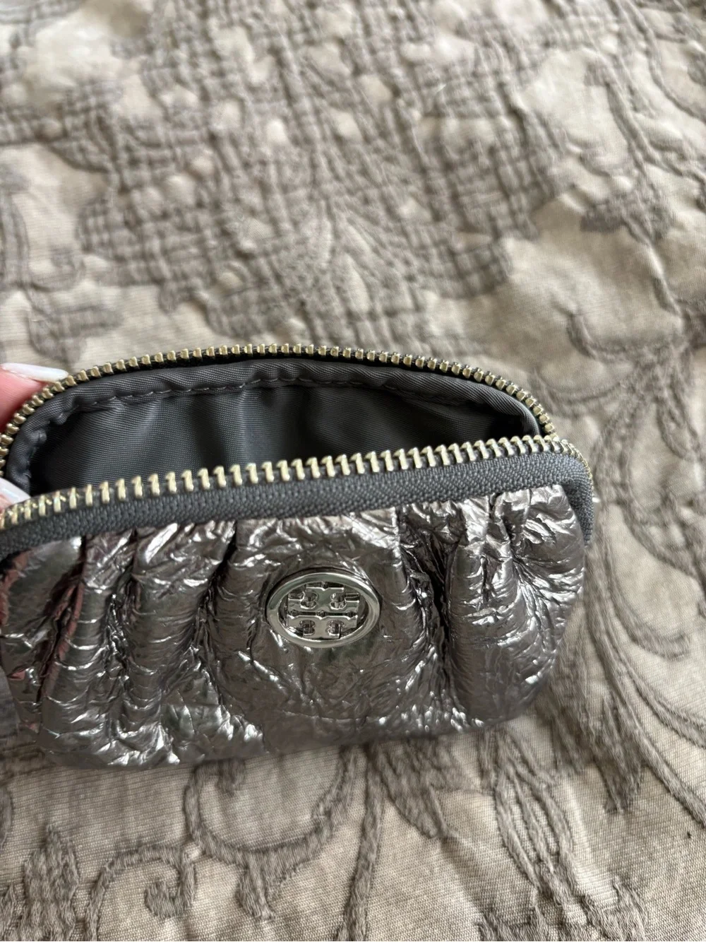 Tory Burch Metallic Crinkled leather Silver Zip Pouch
